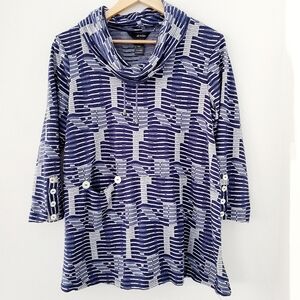 ALI MILES M Multi Blue Geo Print Tunic Top 3/4 Sleeve Cowl Neckline Comfy EUC